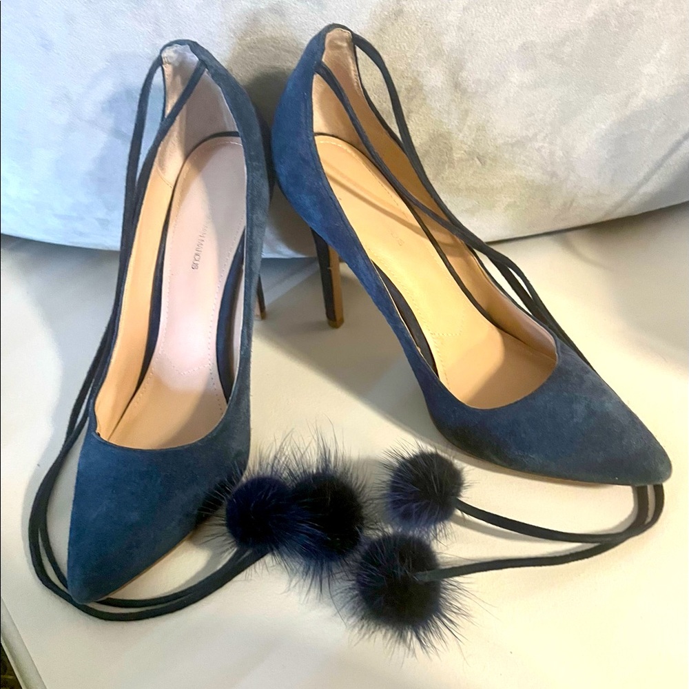 Neiman Marcus Blue Suede Leather Pom Pom Ankle Wrap Heel Size 7-1/2